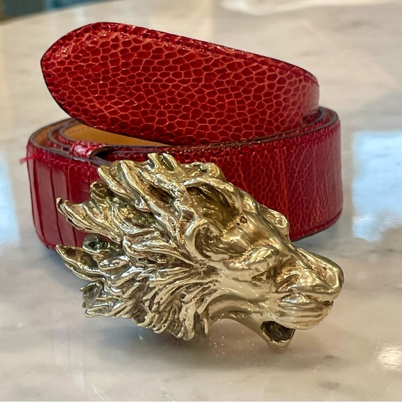 S.A. Reptile Accessories - Ostrich Skin belt with Gold Lion Buckle, red, 31”L, EUC